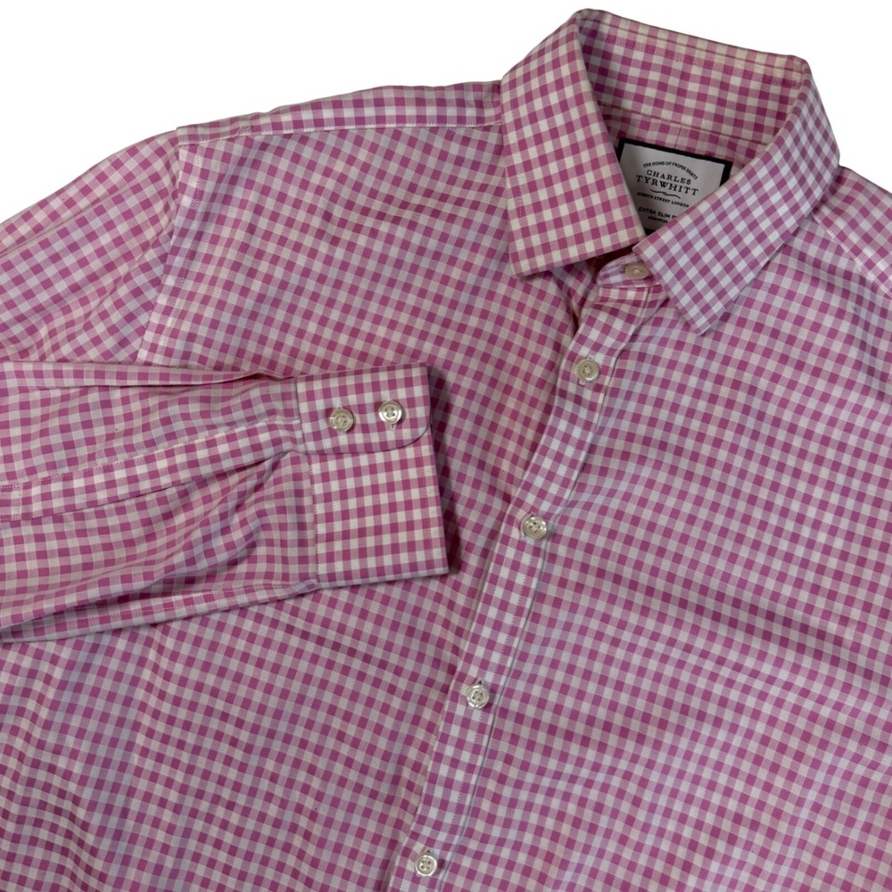 Charles Tyrwhitt Dress Shirt Mens 16/34 Extra Slim Pink Gingham Non-Iron Cotton